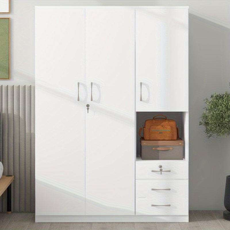 Modern White 2-Door Wooden Wardrobe with Shees, 3 Drawers & Open Compartments – Stylish Bedroom Storage Solution for Clothes, Shoes & Accessories, Shoe Storage Wardrobe | Functional Storage | Engineered Wood Wardrobe