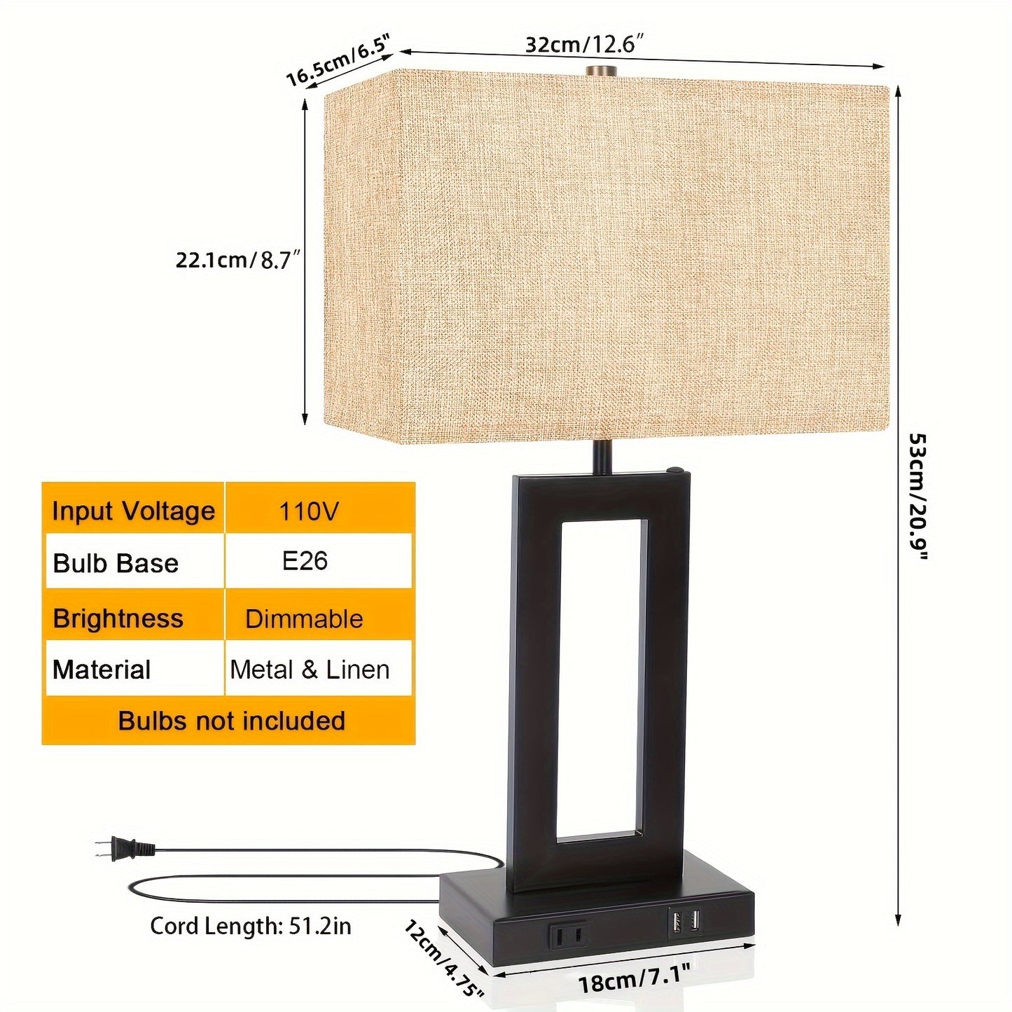 2-Pack Metal Modern Touch Control Table Lamps with Linen Shade, 3-Level Dimmable, USB Charging Port, for Bedroom\u002FLiving Room\u002FStudy, Includes Bulb, 110V-130V, US Plug