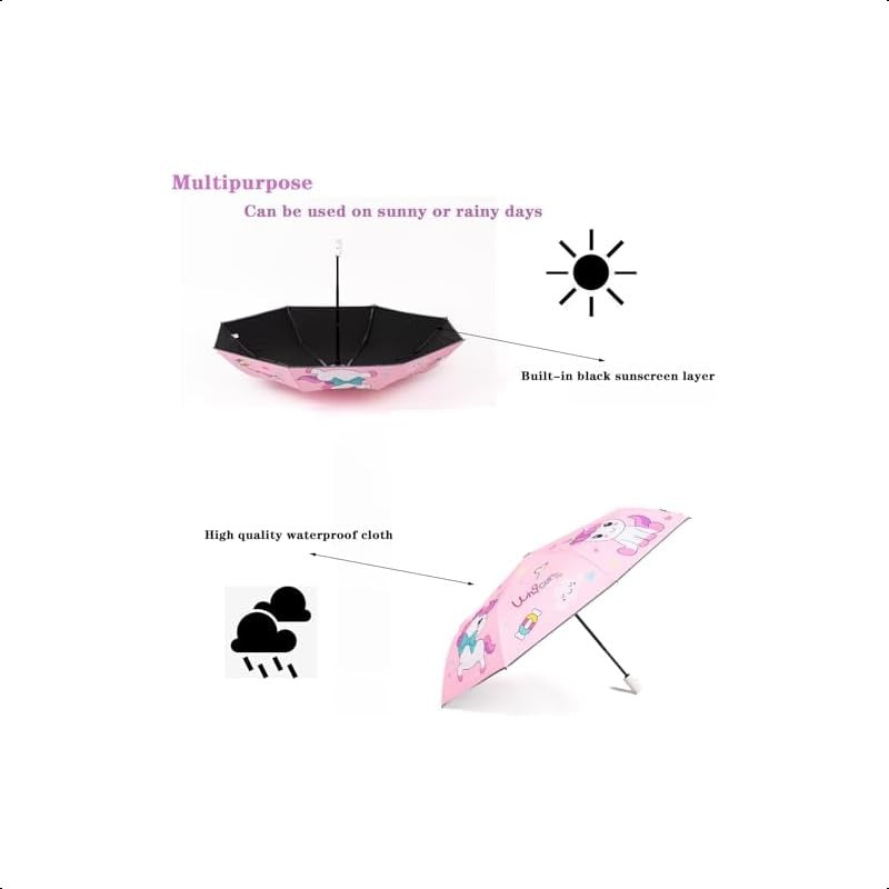 Afkengung Automatic Folding Umbrella for Girls - UV Resistant, Windproof, Anti-Rebound Design with Cute Unicorn Cartoon Print, Compact & Lightweight, Waterproof, Reflective Strip for Night Safety, Perfect for School or Travel