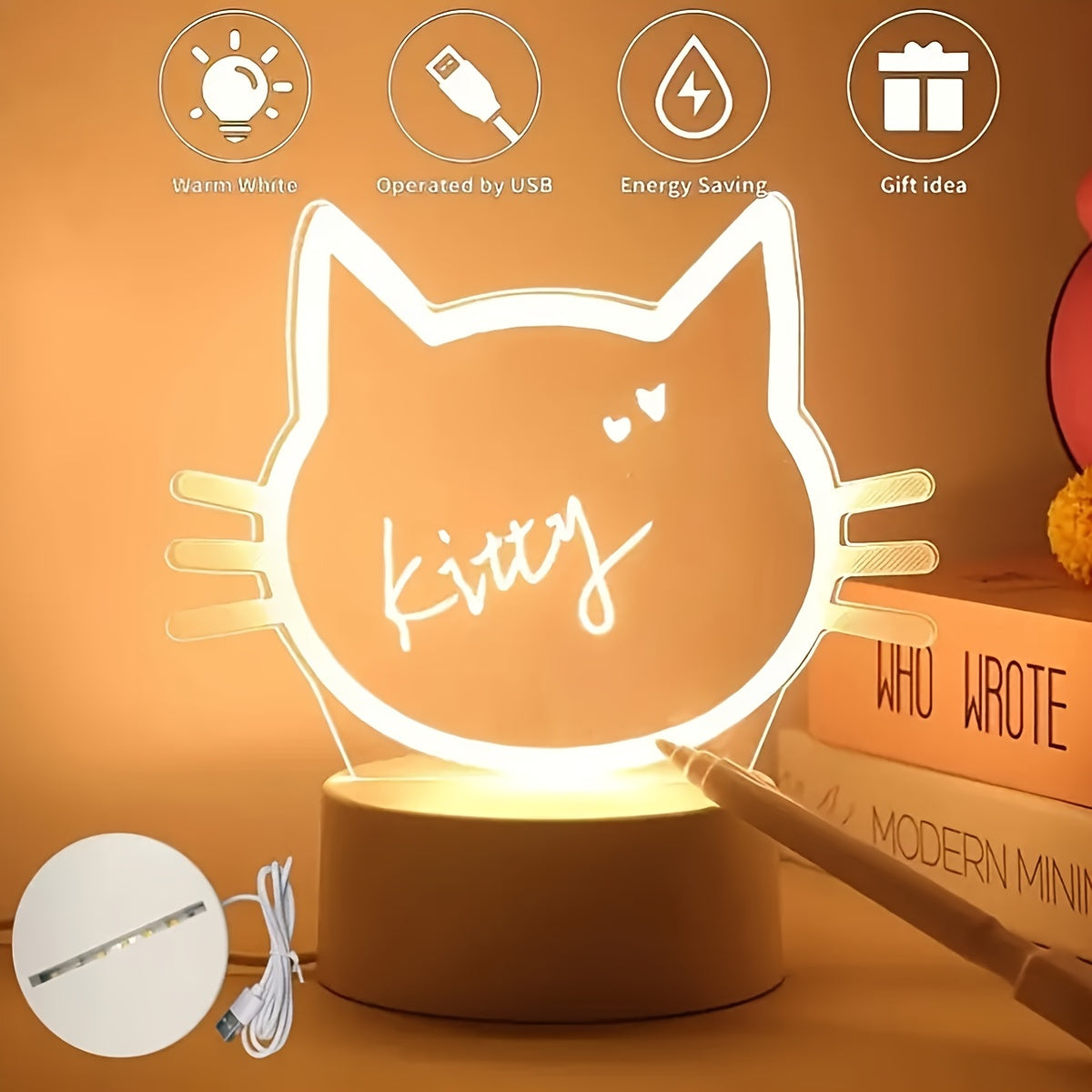 1pc WhimsyCat USB-Powered LED Night Light with Message Board - Energy-Efficient Warm White Light, Acrylic & Plastic Tabletop Lamp for Bedroom Ambiance & Home Decor Lighting