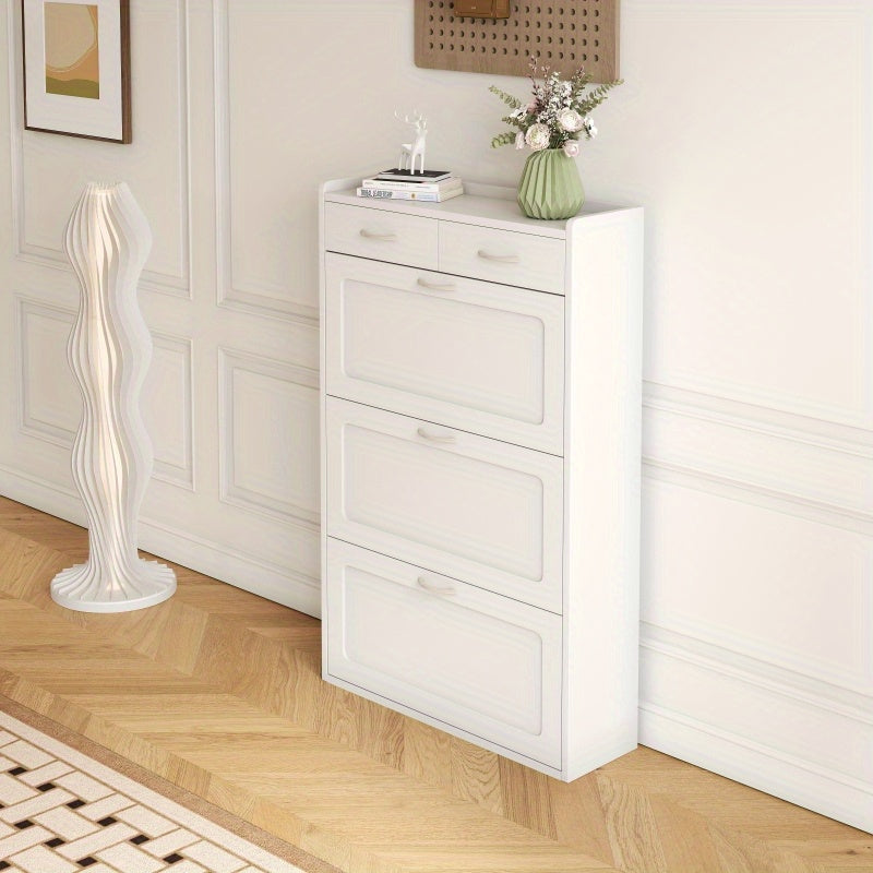 31.49 Inches of White Solid Wood Shoe Cabinet Three-Layer Flip Bucket Shoe Storage Cabinet Simple And Generous for a Variety of Home Style White Solid Wood Shoe Cabinet