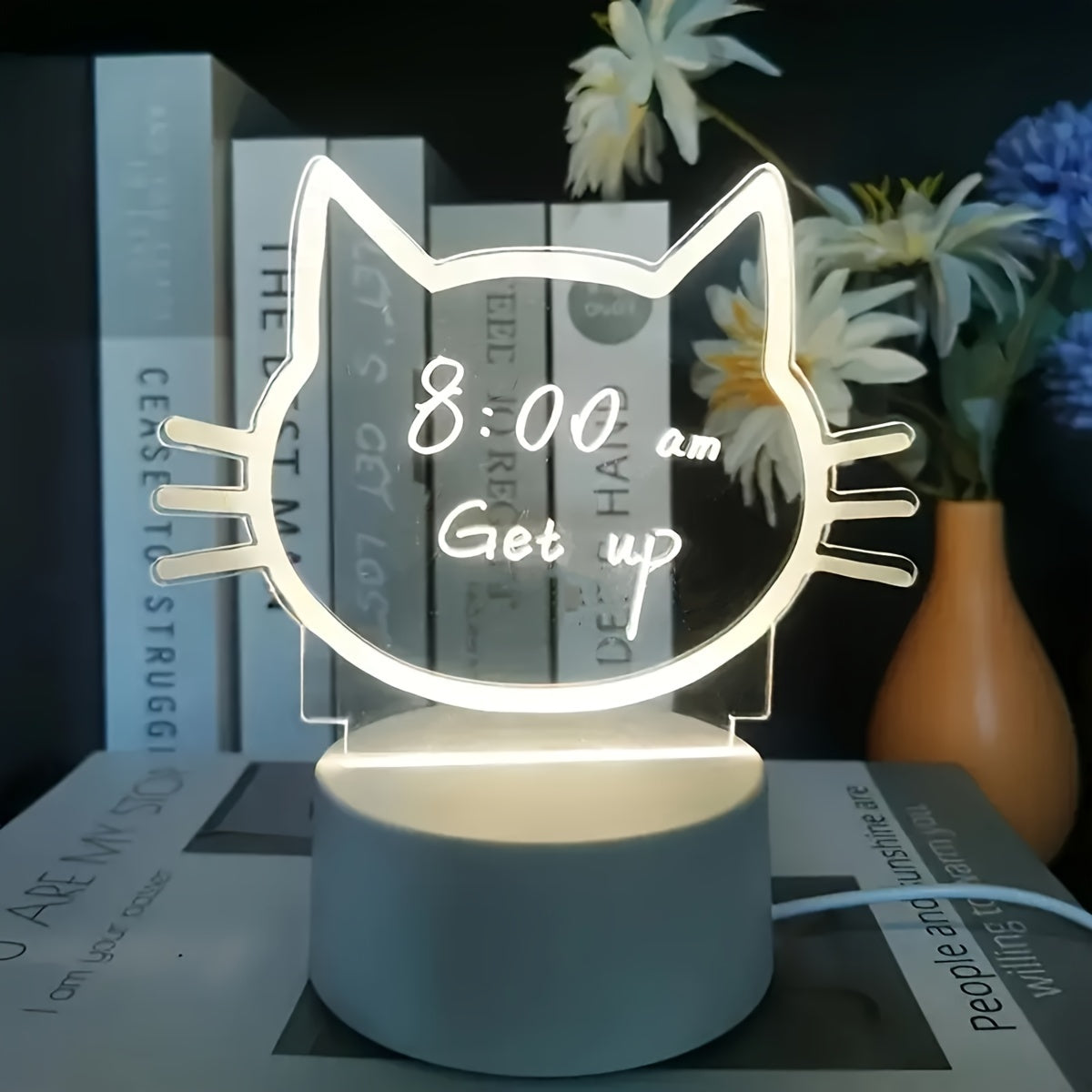 1pc WhimsyCat USB-Powered LED Night Light with Message Board - Energy-Efficient Warm White Light, Acrylic & Plastic Tabletop Lamp for Bedroom Ambiance & Home Decor Lighting