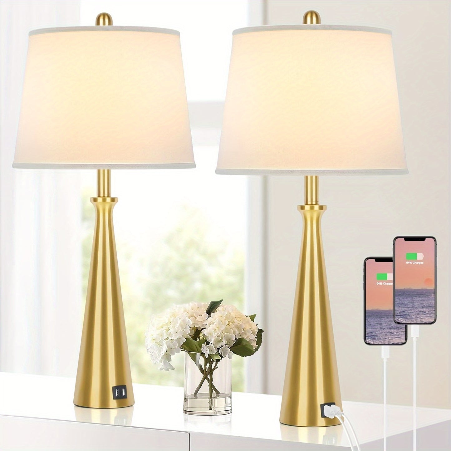 Set Of 2 Table Lamps With 2 USB Charging Ports, Bedside Lamp With Grey Shade, 26.4 Inch Tall Nickel Nightstand Lamp With Rotary Switch, Desk Lamp With E26 Edison Socket For Living Room Bedroom Office