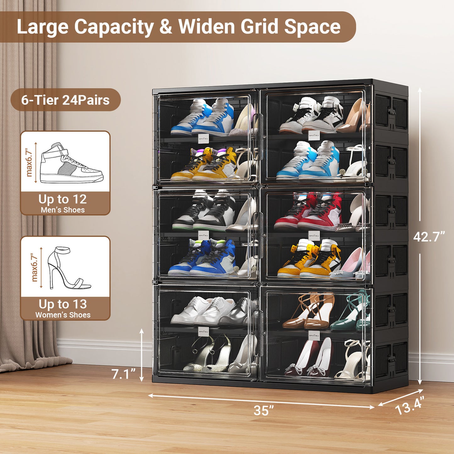 Hard Plastic Shoe Cabinet Insole Storage Organizer for Entryway, Large Stackable Sneaker Shoe Box Organizer for Closet, Portable Folding Shoe Cabinet with Doors, Black