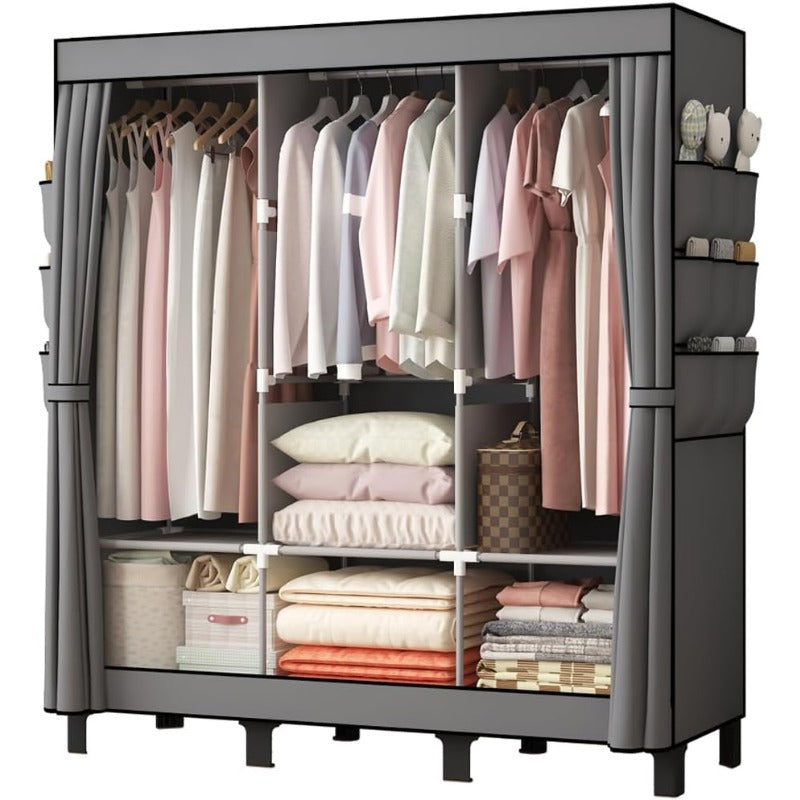 Spacious Portable Closet for Bedroom - Sturdy Grey Wardrobe with 3 Hanging Rods, 6 Storage Shelves & Side Pockets, 51\