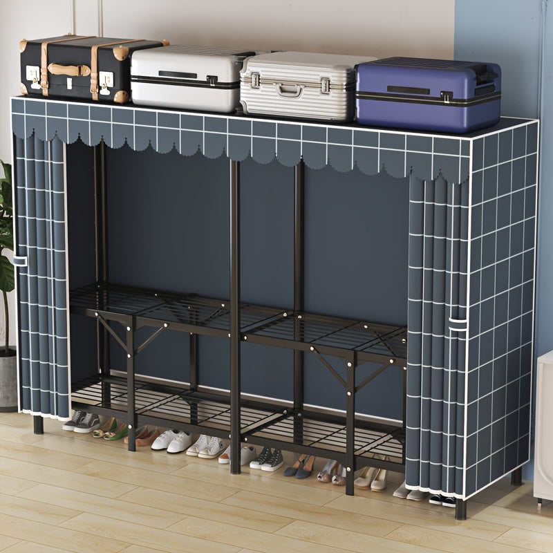 1pc Modern Steel Pipe Wardrobe with Double Curtain Door & Adjustable Rods – Freestanding Folding Storage Cabinet, Grey Metal Frame, 2 Hanging Rods Included, Ideal for Clothes, Shoes & Accessories Organization, Clothes Storage Wardrobe
