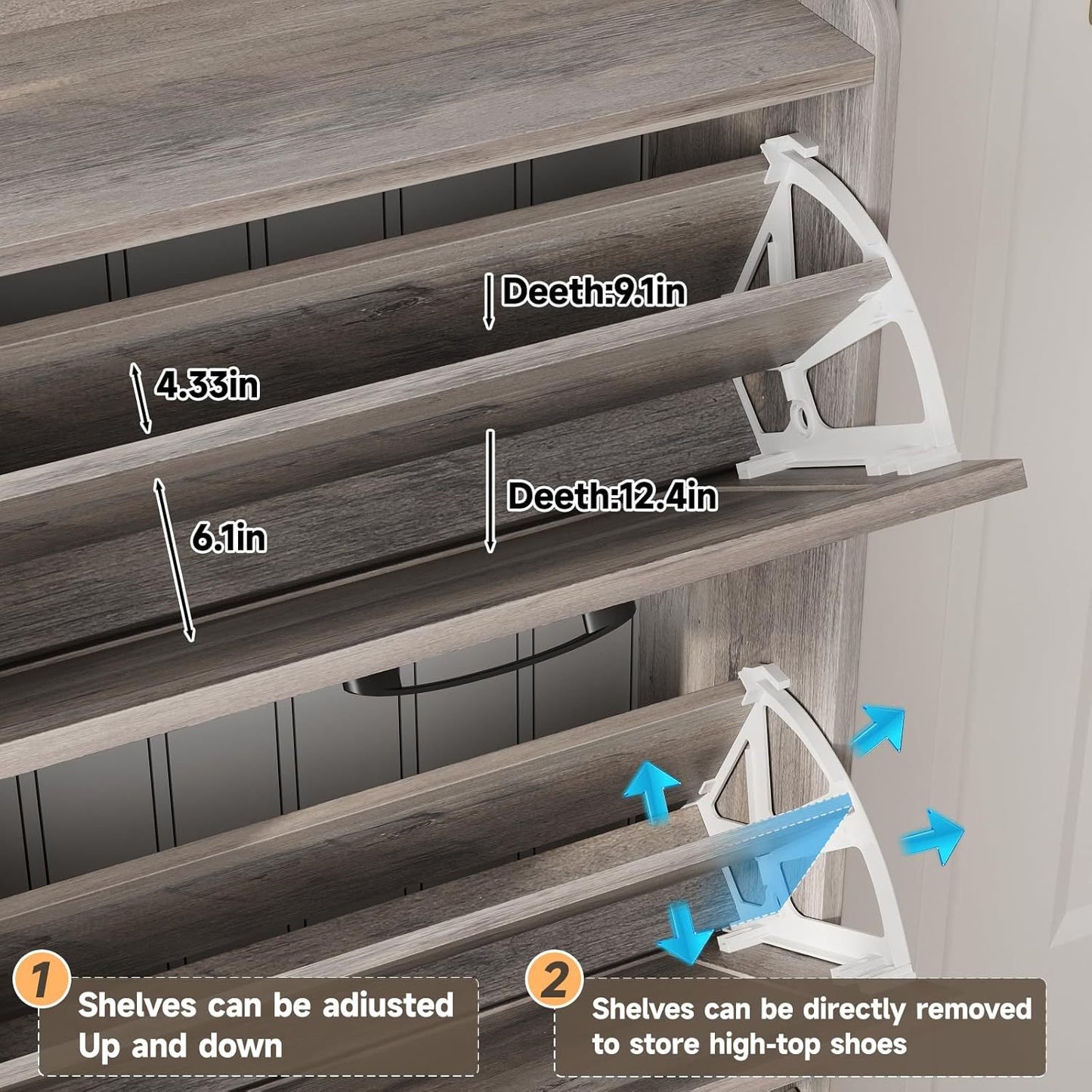 VABCHES Freestanding Shoe Storage Cabinet, 6 Flip Drawers, Wooden Shoe Organizer with Metal Handles, Narrow Entryway Rack, Washed Gray, Floor Mount, No Electricity Needed, Shoe Storage Organizer