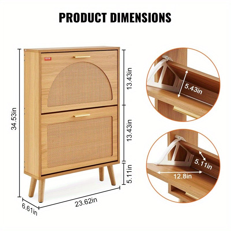 VEVOR Shoe Cabinet with 2 Flip Drawers Shoe Storage Cabinet for Entryway Free Standing Shoe Storage Organizer with Rattan Doors for Heels Boots Slippers in Hallway Living Room