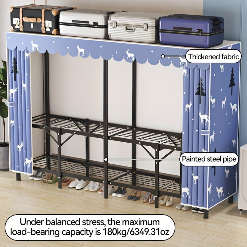 1pc Modern Steel Pipe Wardrobe with Double Curtain Door & Adjustable Rods – Freestanding Folding Storage Cabinet, Grey Metal Frame, 2 Hanging Rods Included, Ideal for Clothes, Shoes & Accessories Organization, Clothes Storage Wardrobe
