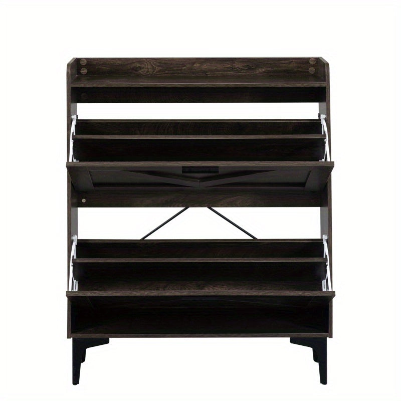 Modern Entryway Shoe Storage Cabinet with 2 Flip Drawers and Open Shelves Slim Narrow Hidden Shoe Rack for Heels Boots Slippers Durable Wood Freestanding Organizer for Entrance Brown