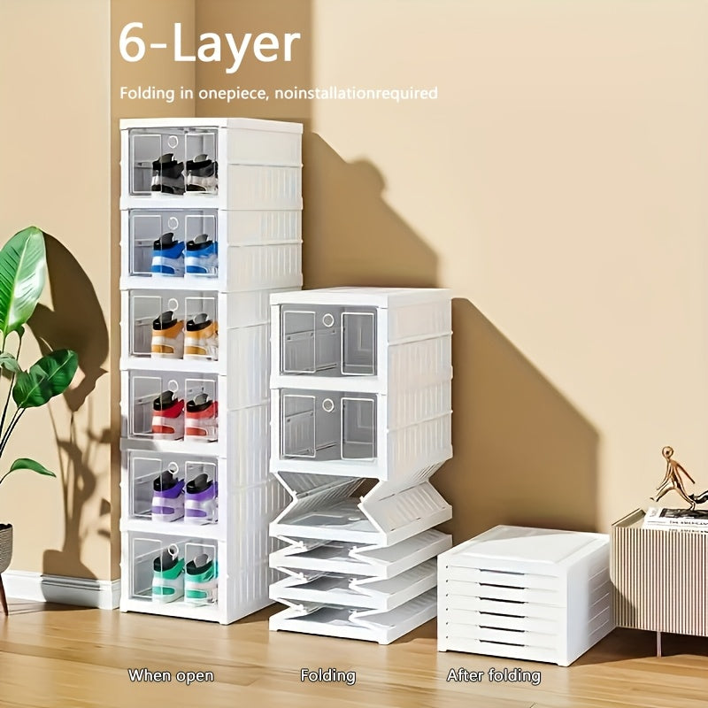 1pc 6-Layer Stackable Folding Shoe Box - Easy No-Install, Space-Saving Sneaker Organizer for Men & Women - Durable White Plastic Storage Cabinet with Transparent Doors for Home Entryway, Shoe Storage Organizer