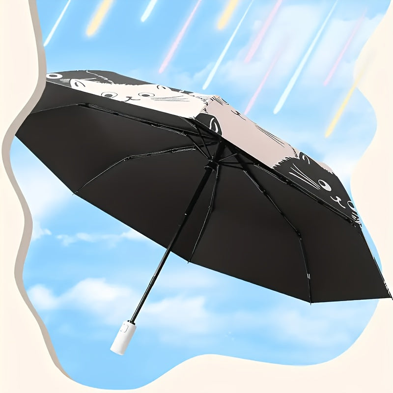 1pc Cute Cartoon Cat Print Automatic Umbrella - Black & White, UV Protection, Rain or Shine Dual-Use, Durable 210T Canopy, Reinforced Iron Frame, Easy Open\u002FClose Button