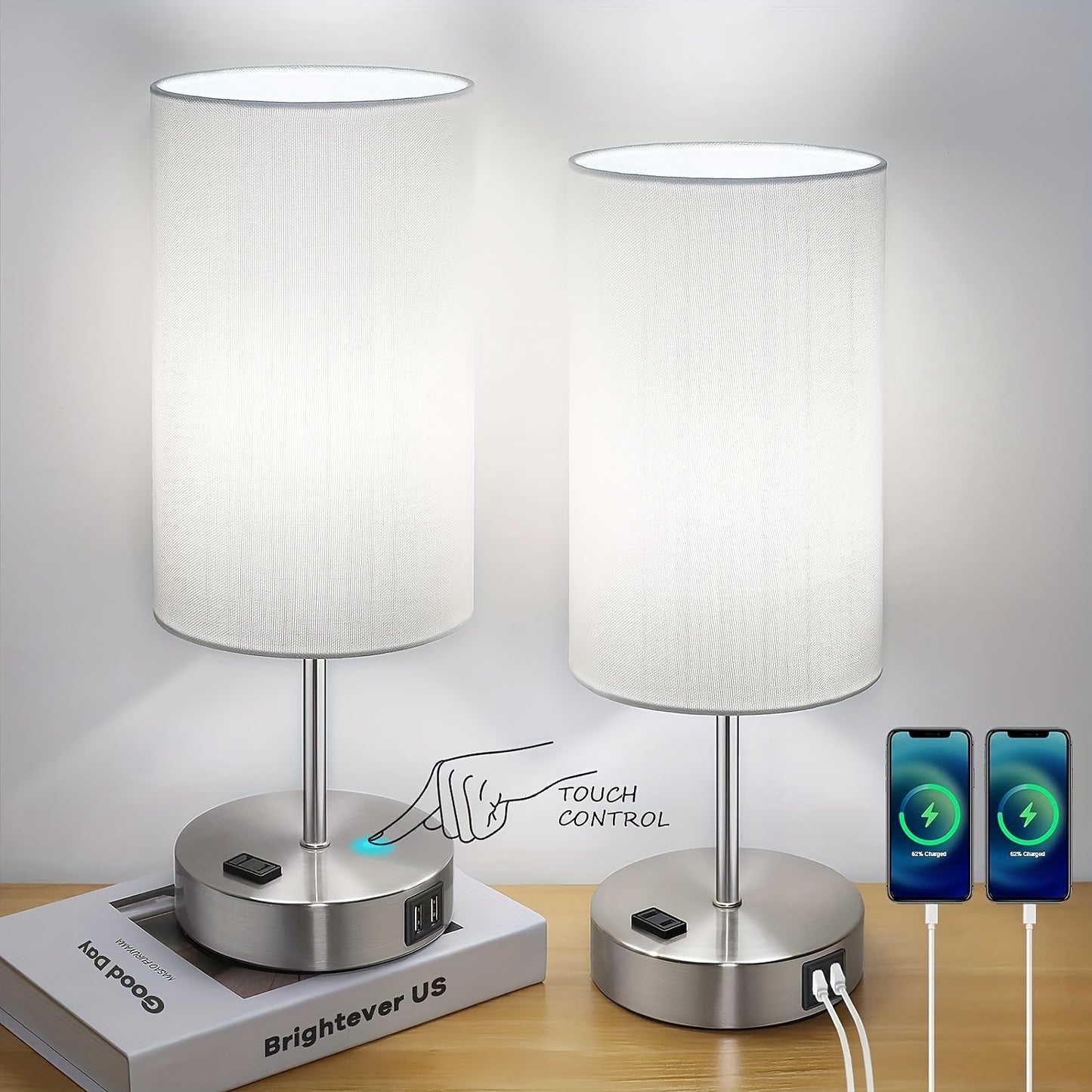 Set Of 2 Touch Control Table Lamps With 2 USB Charging Ports&AC Outlet, 3-Way Dimmable Bedside Nightstand Lamps With White Fabric Lampshade For Reading, Bedroom, Living Room, A19 LED Bulbs Included