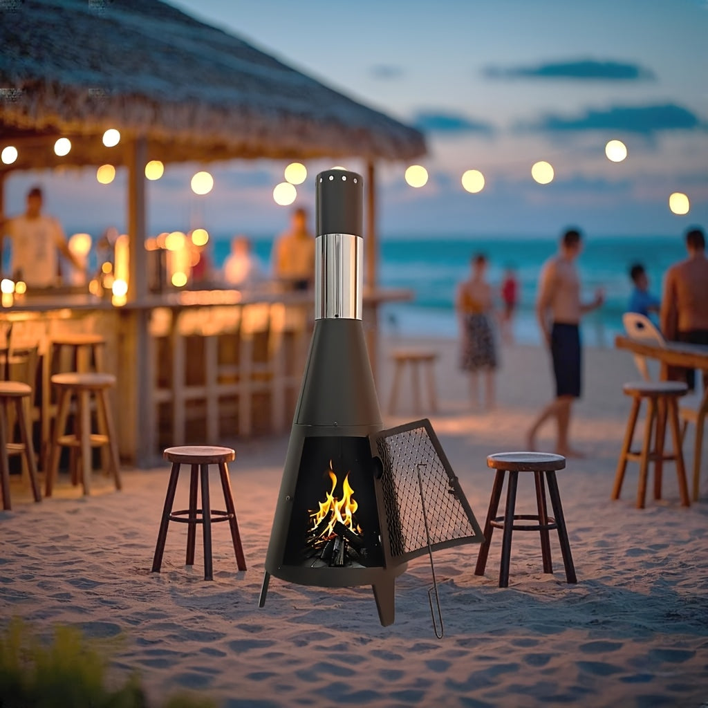 Elegant Black Steel Outdoor Fireplace with Realistic Flame Effect - Portable, Easy-to-Install Charcoal Grill for Patio, Garden & Beach Bonfires, Includes Accessories
