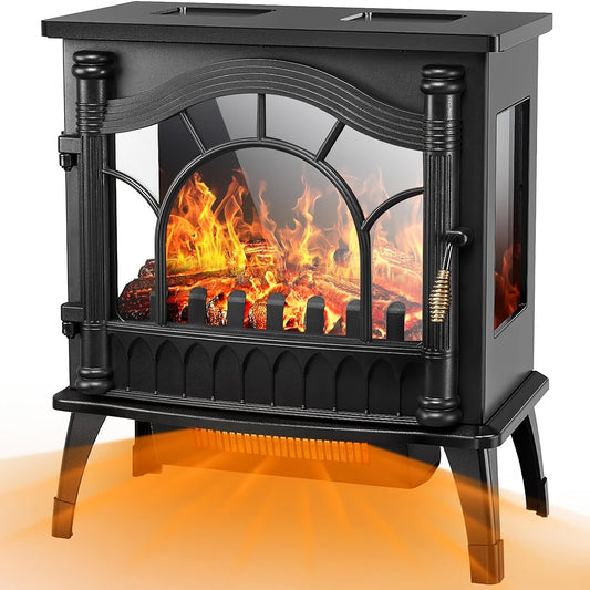 1000\u002F1500W Freestanding Electric Fireplace Stove - Realistic Flame, Overheating Safety Device, Thermostat, Adjustable Flame Brightness