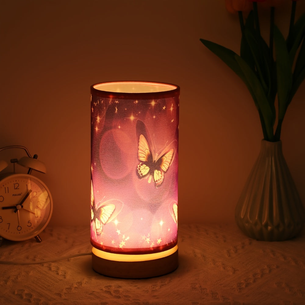 1pc Wood Base Purple Butterfly Table Lamp - Perfect Bedside Night Light and Room Decoration