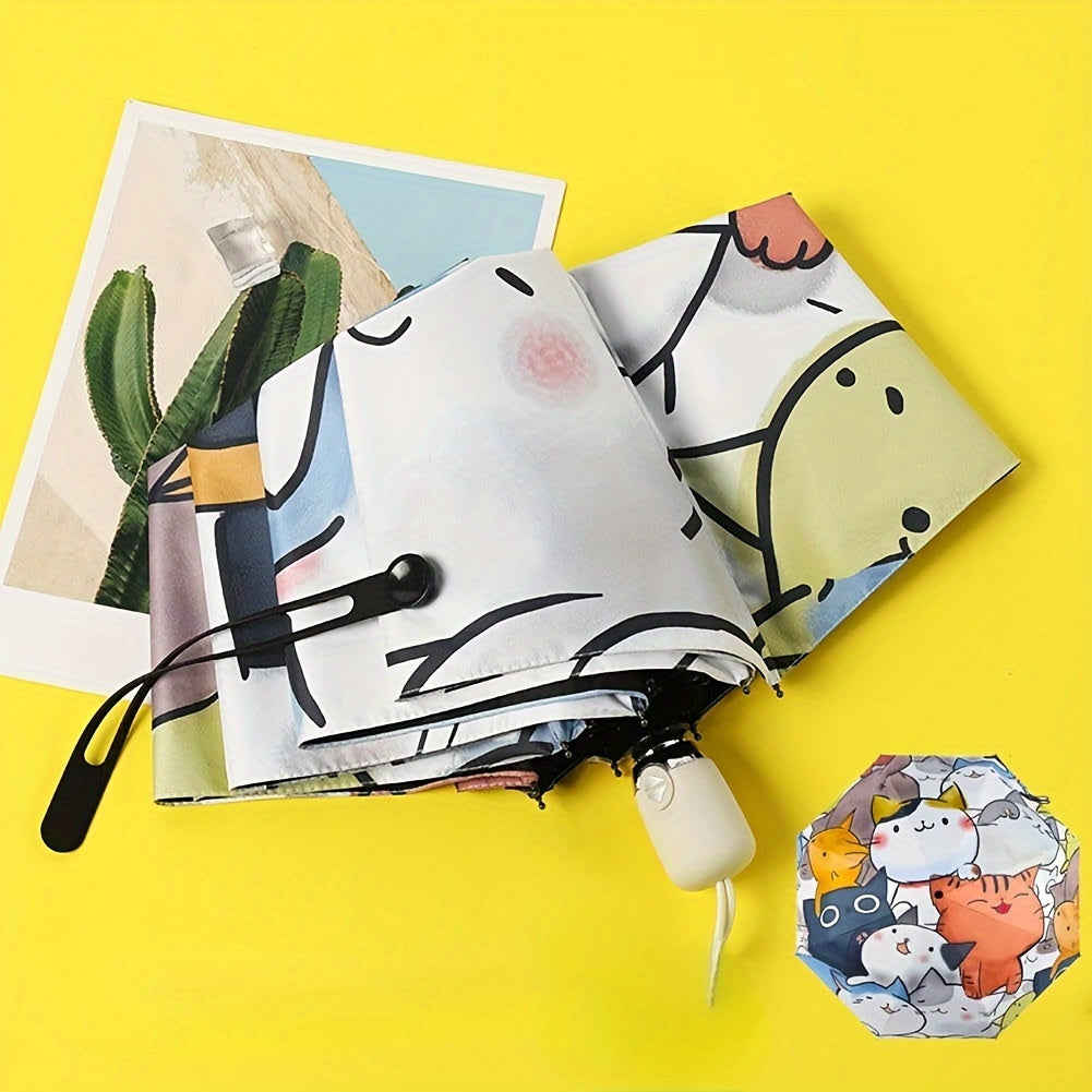 Automatic Portable Folding Travel Umbrella with Comfortable Silicone Handle, Anime Cats Print, Casual Cute Rain Gears for Both Rainy Day and Sunny Day
