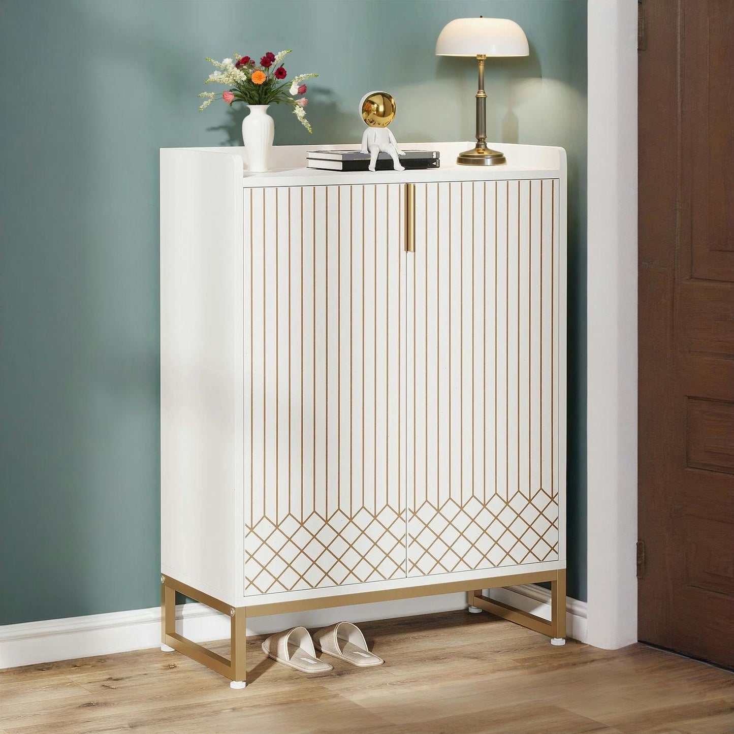 5 Tier Shoe Cabinet, Entryway Shoe Cabinet, Wooden Shoe Cabinet with Metal Legs, Shoe Organizer for Living Room, Bedroom, Closet, Hallway