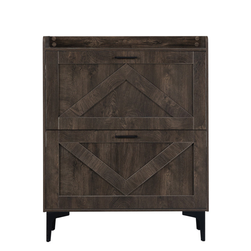 Modern Entryway Shoe Storage Cabinet with 2 Flip Drawers and Open Shelves Slim Narrow Hidden Shoe Rack for Heels Boots Slippers Durable Wood Freestanding Organizer for Entrance Brown