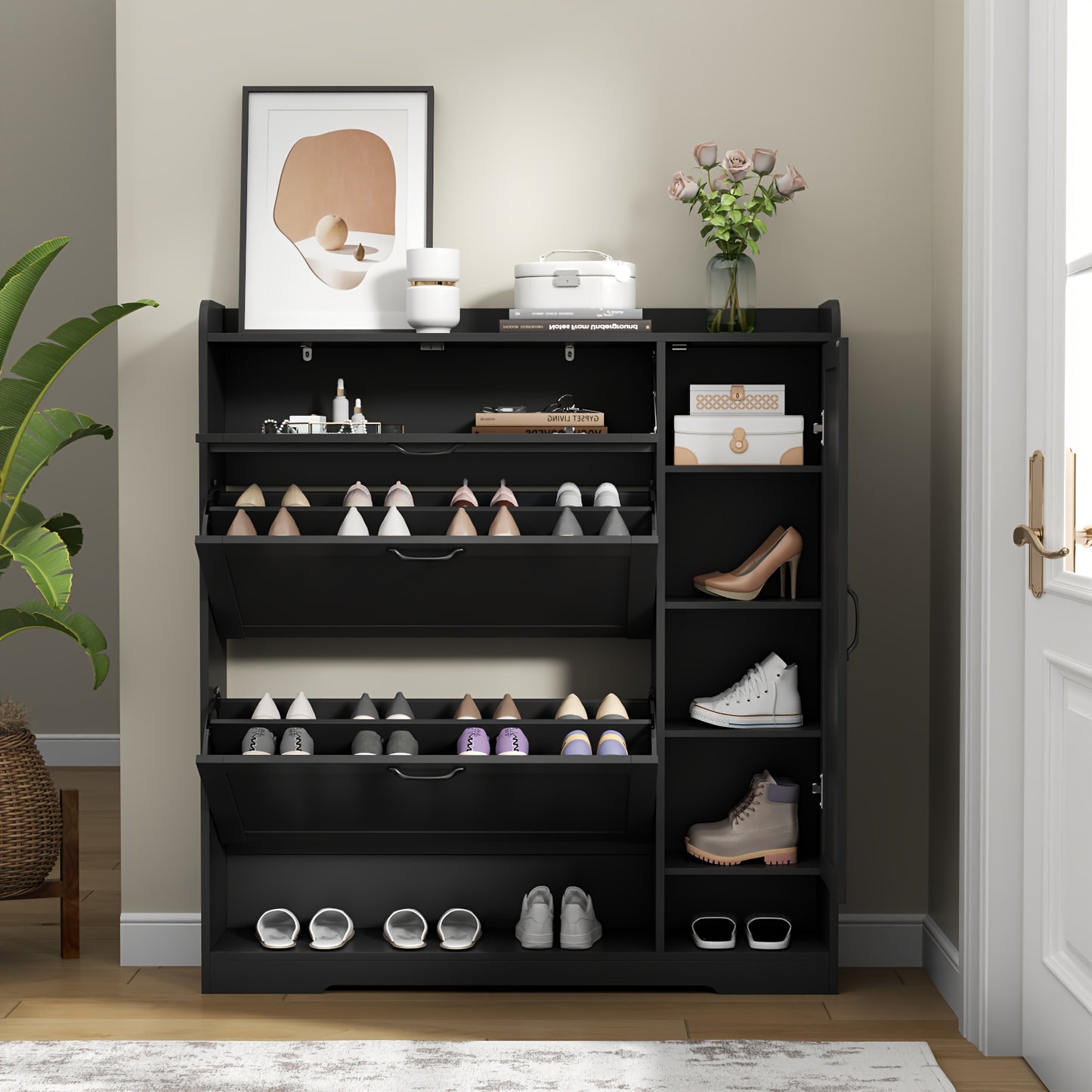 Shoe Cabinet With 2 Flip Drawers & Side Cabinet, Shoes Rack Cabinet With Adjustable Shelves, Freestanding Organizer With Storage Drawer & Mounted Shoe Rack For Entryway, Hallway, Shoe Organizer Cabinet