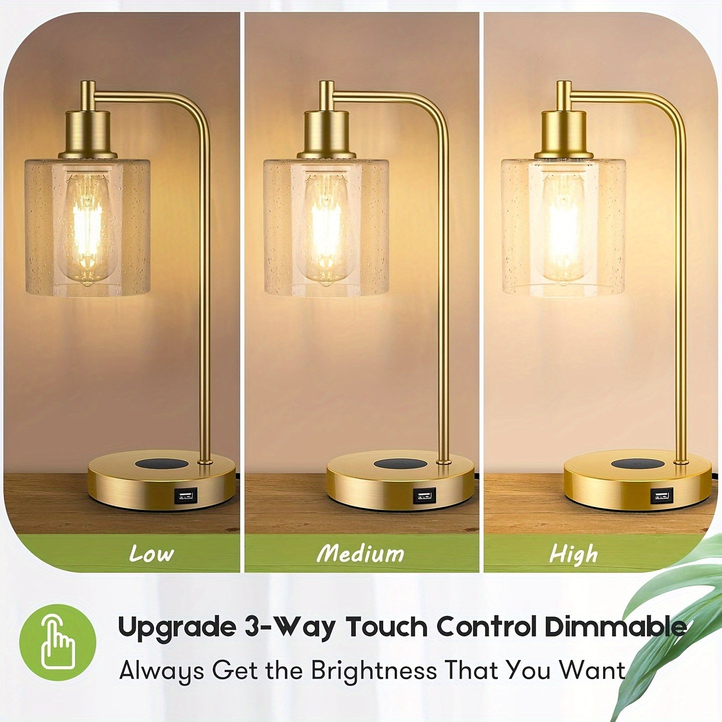 Bosceos Set Of 2 Charging Industrial Table Lamps 3-Way Touch Control Dimmable Desk Lamp with USB Ports Bedside Lamp with Hanging Seeded Glass Shade for Office Bedroom Living Room, Bulbs Included