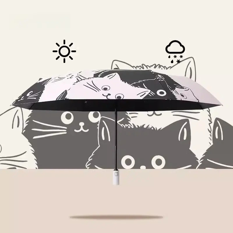 A cartoon black and white cat automatic umbrella, rain or shine umbrella, protection umbrella