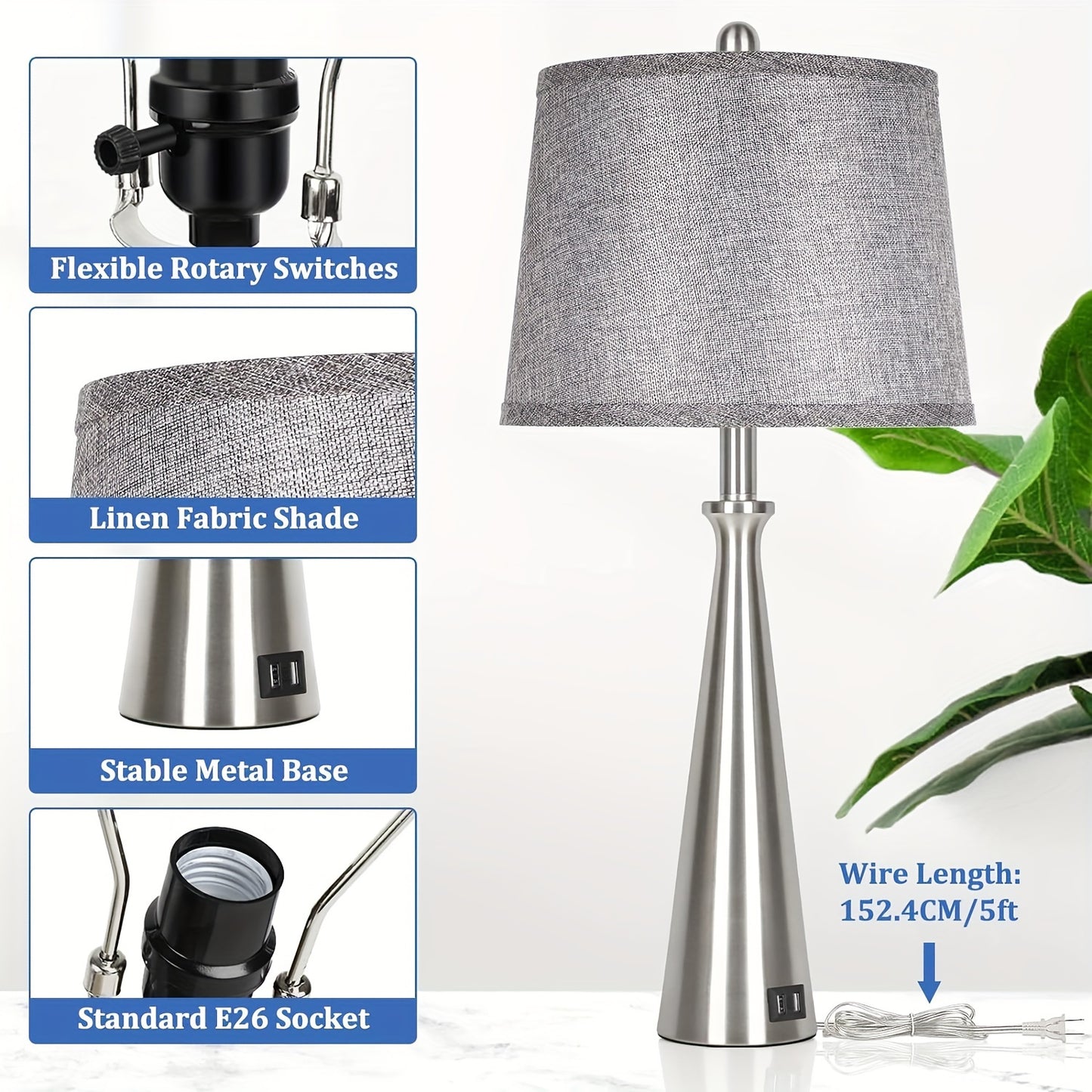 Set Of 2 Table Lamps With 2 USB Charging Ports, Bedside Lamp With Grey Shade, 26.4 Inch Tall Nickel Nightstand Lamp With Rotary Switch, Desk Lamp With E26 Edison Socket For Living Room Bedroom Office