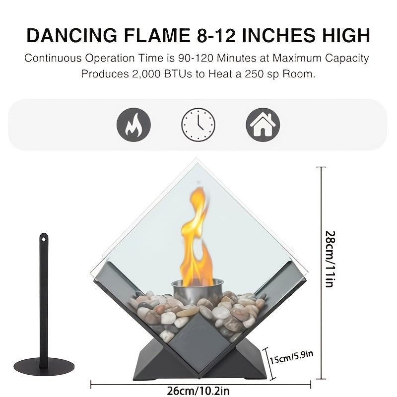 Odorless Clean-Burning Quadrilateral Tabletop Fire Pit - Clear Glass & Pebble Accents, Alcohol Fireplace for Cozy Christmas Ambiance