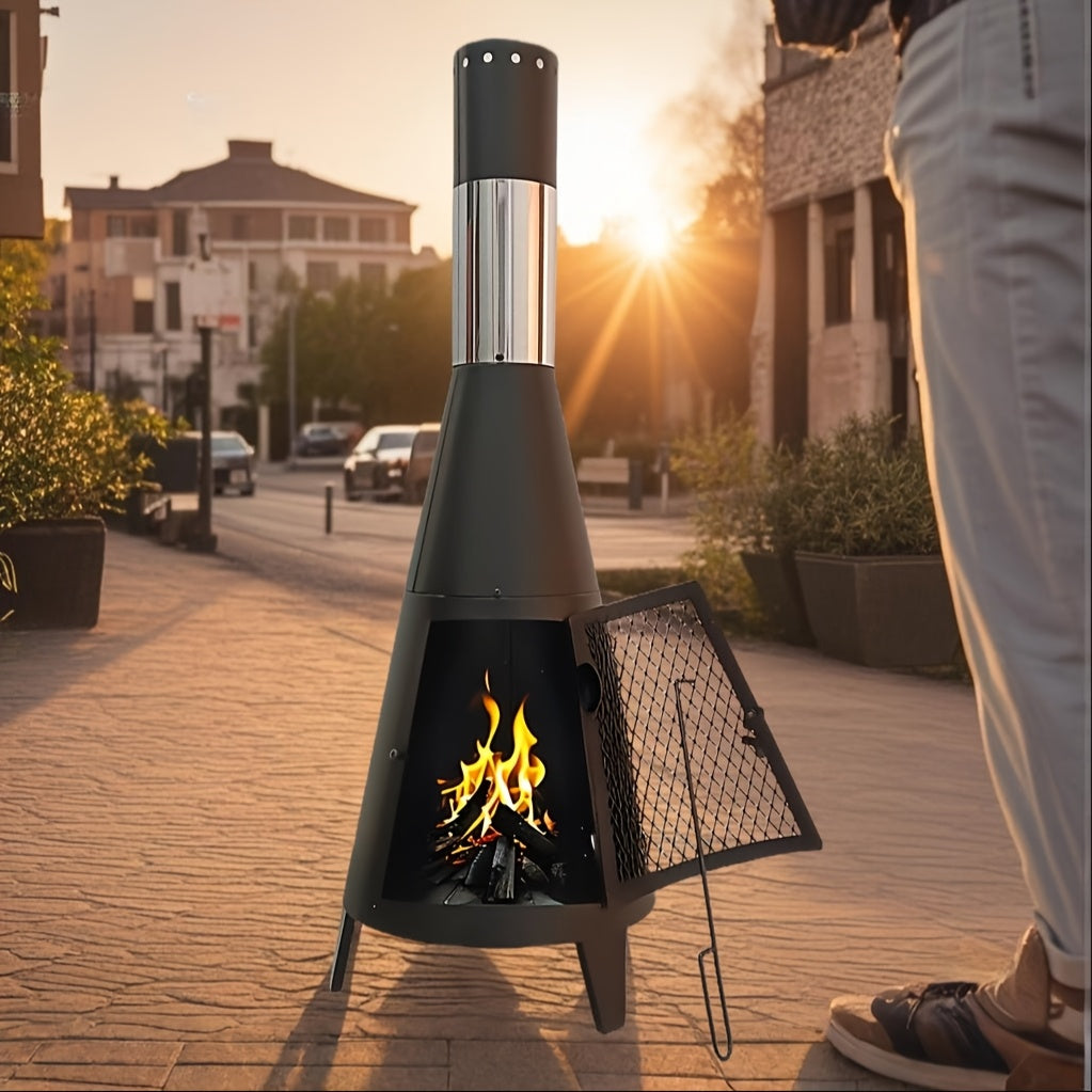 Elegant Black Steel Outdoor Fireplace with Realistic Flame Effect - Portable, Easy-to-Install Charcoal Grill for Patio, Garden & Beach Bonfires, Includes Accessories
