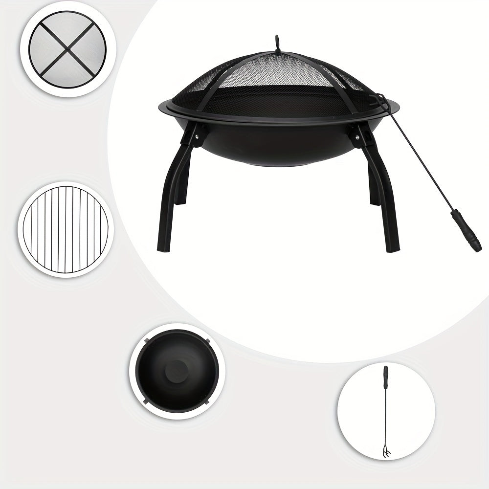 Curved Iron 22-Inch 4-Leg Fire Pit - Wood-Burning Fireplace With Lid - Perfect For Patios, Pool Sides, Family Gatherings, Outdoor Camping, And Holiday Decor