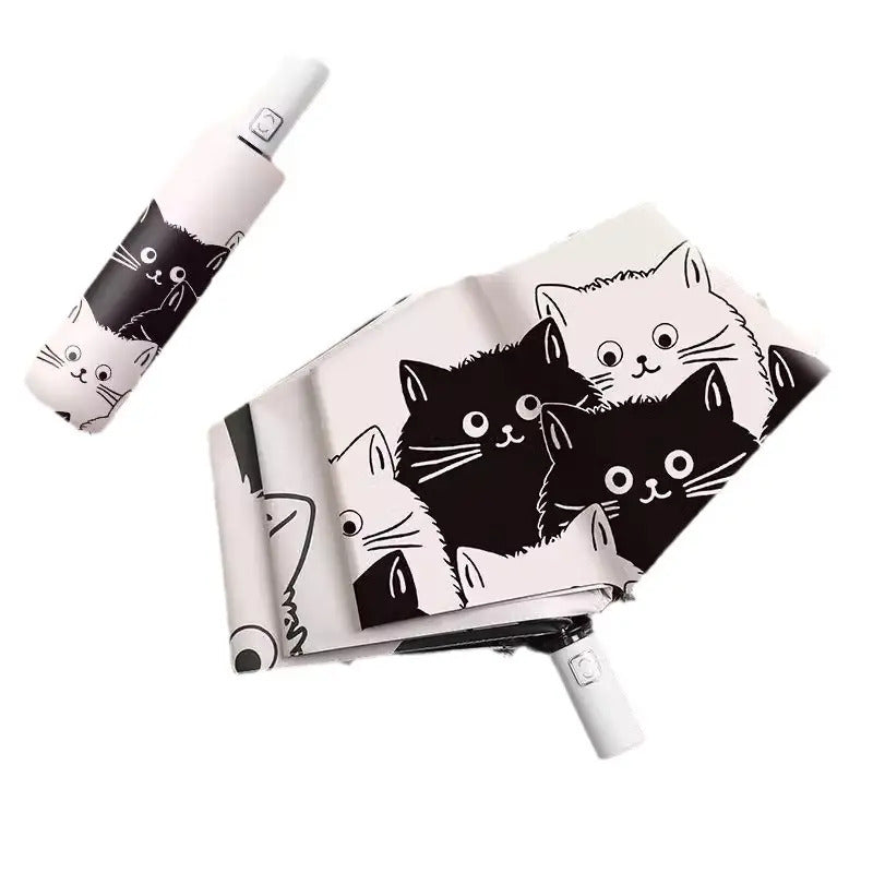 A cartoon black and white cat automatic umbrella, rain or shine umbrella, protection umbrella
