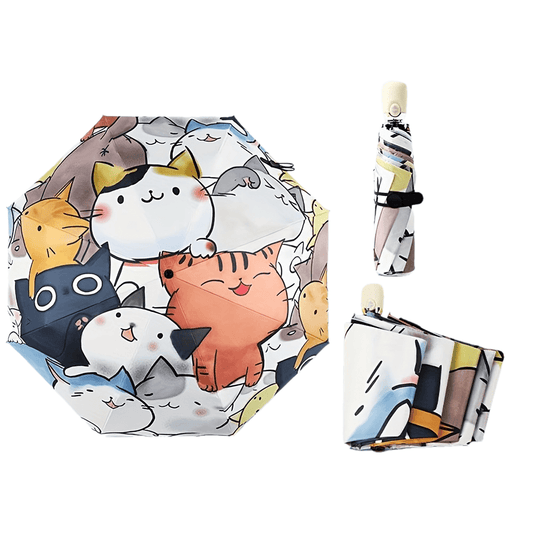 Automatic Portable Folding Travel Umbrella with Comfortable Silicone Handle, Anime Cats Print, Casual Cute Rain Gears for Both Rainy Day and Sunny Day