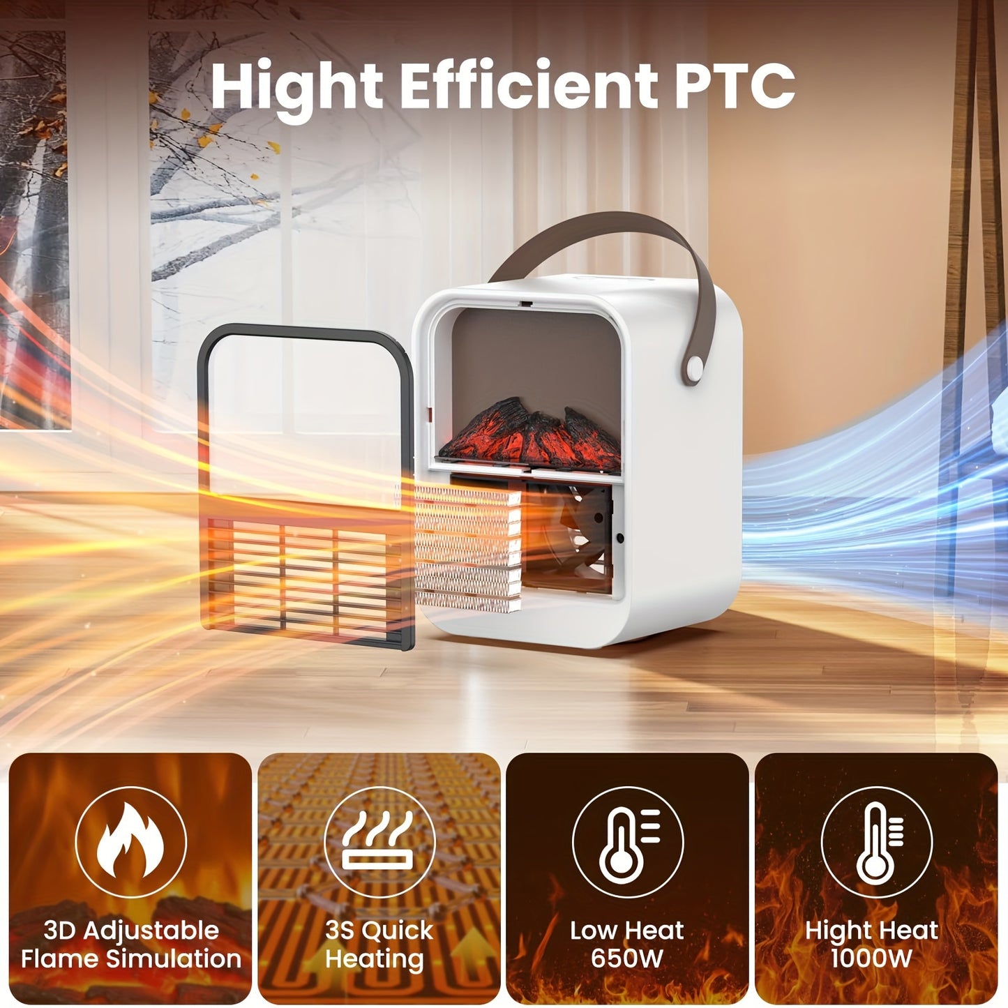 1000W Fast Electric Fireplace Heater Electric Fireplace Heater with Overheat Protection, 3D Flame Effect, Fast PTC Heating, Dual Mode 650W\u002F1000W, Square Plastic Portable Desktop Heater with US Plug, 110V for Bedroom Bathroom Office
