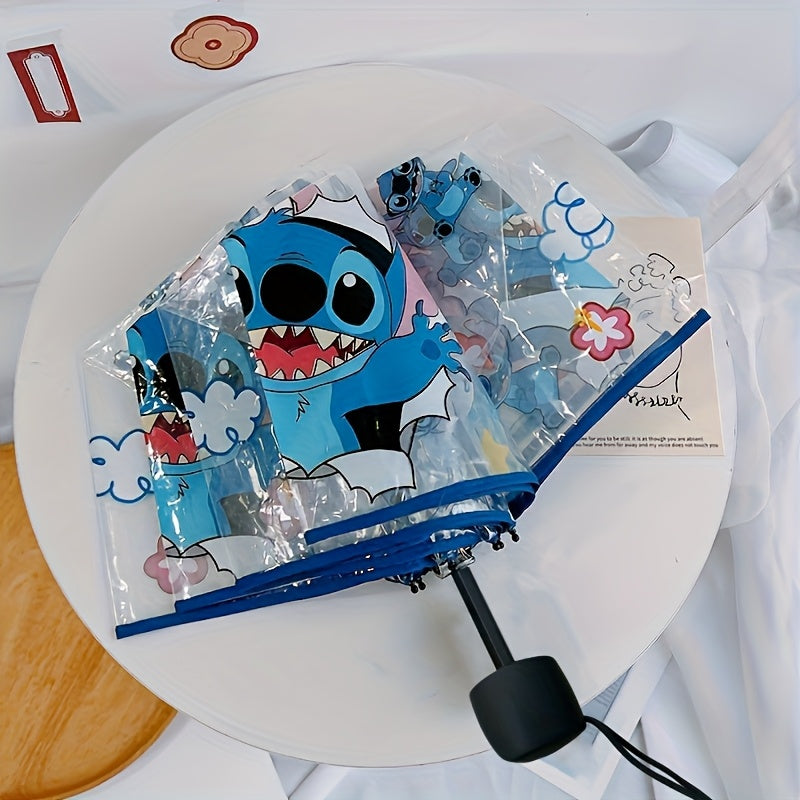 1pc Disney Stitch Manual Cartoon Umbrella, 3-Fold Portable Transparent Sunshade, Casual Cute Fashion Style, Steel & Plastic Material, Foldable Feature