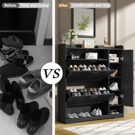 Shoe Cabinet With 2 Flip Drawers & Side Cabinet, Shoes Rack Cabinet With Adjustable Shelves, Freestanding Organizer With Storage Drawer & Mounted Shoe Rack For Entryway, Hallway, Shoe Organizer Cabinet