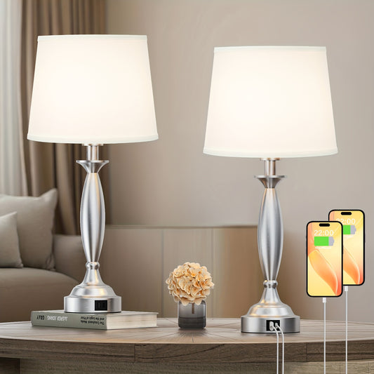 Set Of 2, Touch Control 3 Way Dimmable Desk Reading Lamps, Table Lamps with USB-A+C Charging Port, Modern Style White Fabric Shade Bedside Lamps for Living Room, Bedroom, Guest Room, Bulb Included