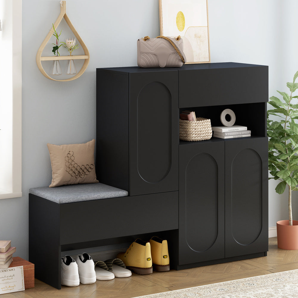 White ON-TREND 2-in-1 Shoe Storage Bench and Shoe Cabinet Multifunctional Shoe Rack with Padded Seat Versatile Shoe Storage Solution with Adjustable Hallway Shelves