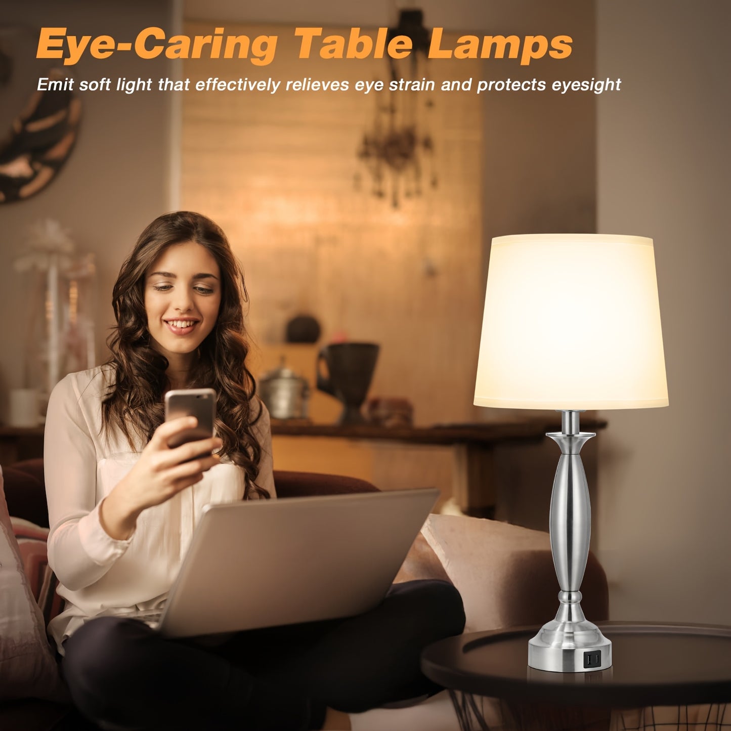 Set Of 2, Touch Control 3 Way Dimmable Desk Reading Lamps, Table Lamps with USB-A+C Charging Port, Modern Style White Fabric Shade Bedside Lamps for Living Room, Bedroom, Guest Room, Bulb Included