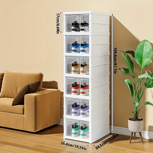 1pc 6-Layer Stackable Folding Shoe Box - Easy No-Install, Space-Saving Sneaker Organizer for Men & Women - Durable White Plastic Storage Cabinet with Transparent Doors for Home Entryway, Shoe Storage Organizer
