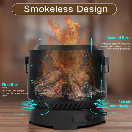 20 Inch Smokeless Outdoor Fire Pit with Grill And Pocker - Multi-Functional Outdoor Fireplace for Beach Bonfires, Picnics, Backyard Barbecues, And Camping - Heavy Duty Steel Construction with Adjustable Airflow Design