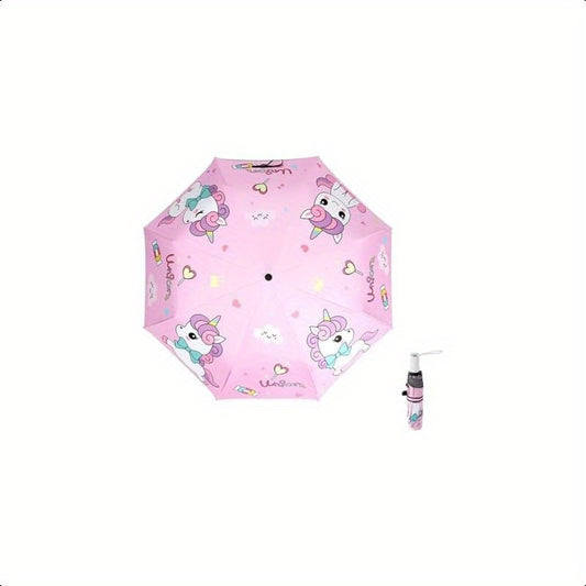 Afkengung Automatic Folding Umbrella for Girls - UV Resistant, Windproof, Anti-Rebound Design with Cute Unicorn Cartoon Print, Compact & Lightweight, Waterproof, Reflective Strip for Night Safety, Perfect for School or Travel