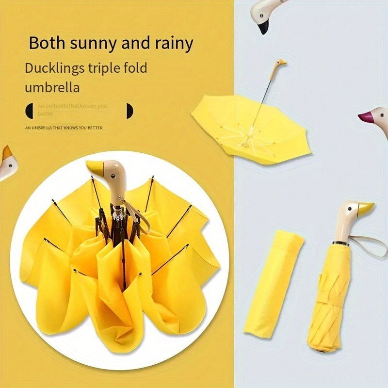 Casual Cute Duckbill Design Triple-Fold Umbrella - Manual Open, 8 Ribs, Pongee Fabric, Wooden Handle, Iron Alloy Shaft and Ribs - Portable Fashion Accessory for Rainy Weather