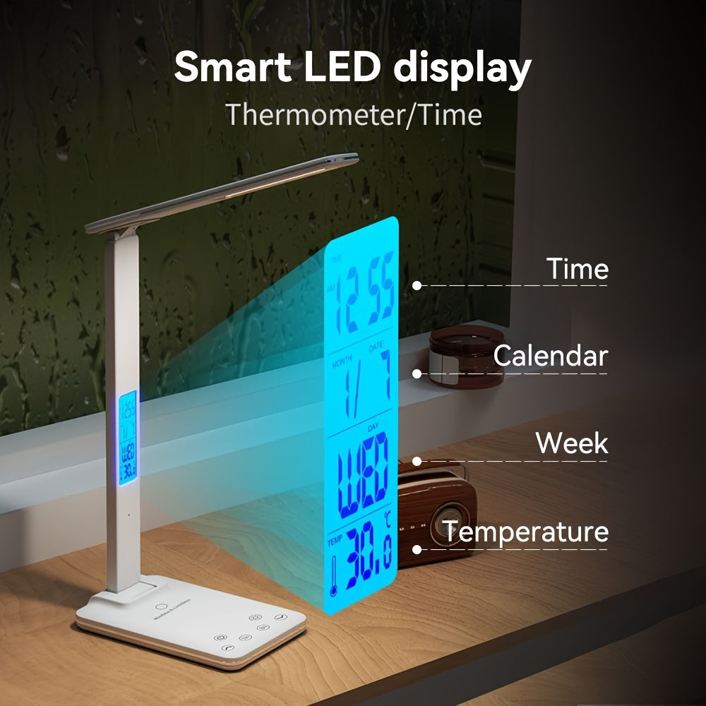 Foldable LED Desk Lamp with Wireless Charger, USB Port, Dimmable Lighting & Clock - Adjustable Temperature for Office, Bedroom, or Bedside Use, Minimalist Design Desk Lamp