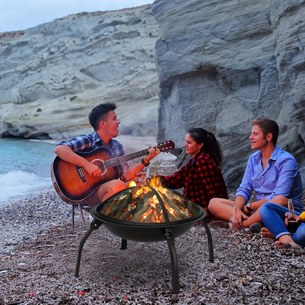 Curved Iron 22-Inch 4-Leg Fire Pit - Wood-Burning Fireplace With Lid - Perfect For Patios, Pool Sides, Family Gatherings, Outdoor Camping, And Holiday Decor