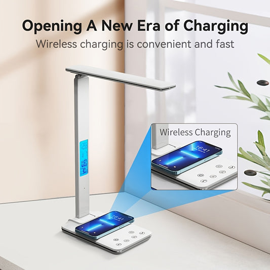 Foldable LED Desk Lamp with Wireless Charger, USB Port, Dimmable Lighting & Clock - Adjustable Temperature for Office, Bedroom, or Bedside Use, Minimalist Design Desk Lamp