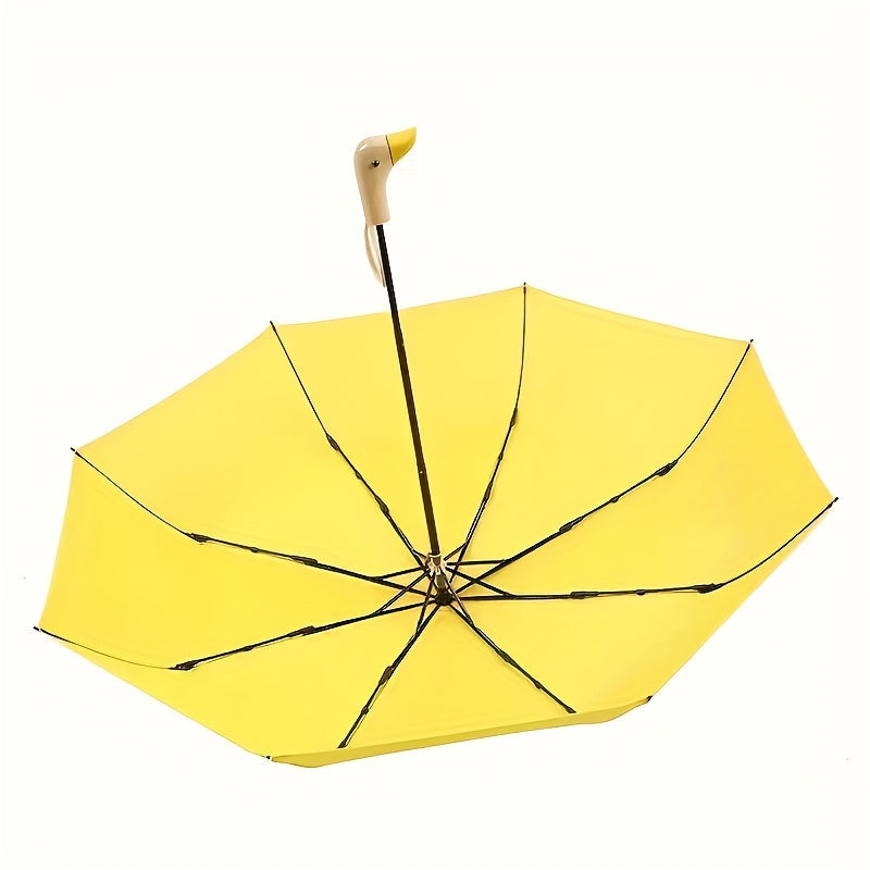 Casual Cute Duckbill Design Triple-Fold Umbrella - Manual Open, 8 Ribs, Pongee Fabric, Wooden Handle, Iron Alloy Shaft and Ribs - Portable Fashion Accessory for Rainy Weather