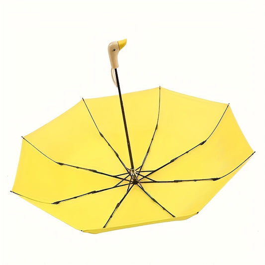 Casual Cute Duckbill Design Triple-Fold Umbrella - Manual Open, 8 Ribs, Pongee Fabric, Wooden Handle, Iron Alloy Shaft and Ribs - Portable Fashion Accessory for Rainy Weather