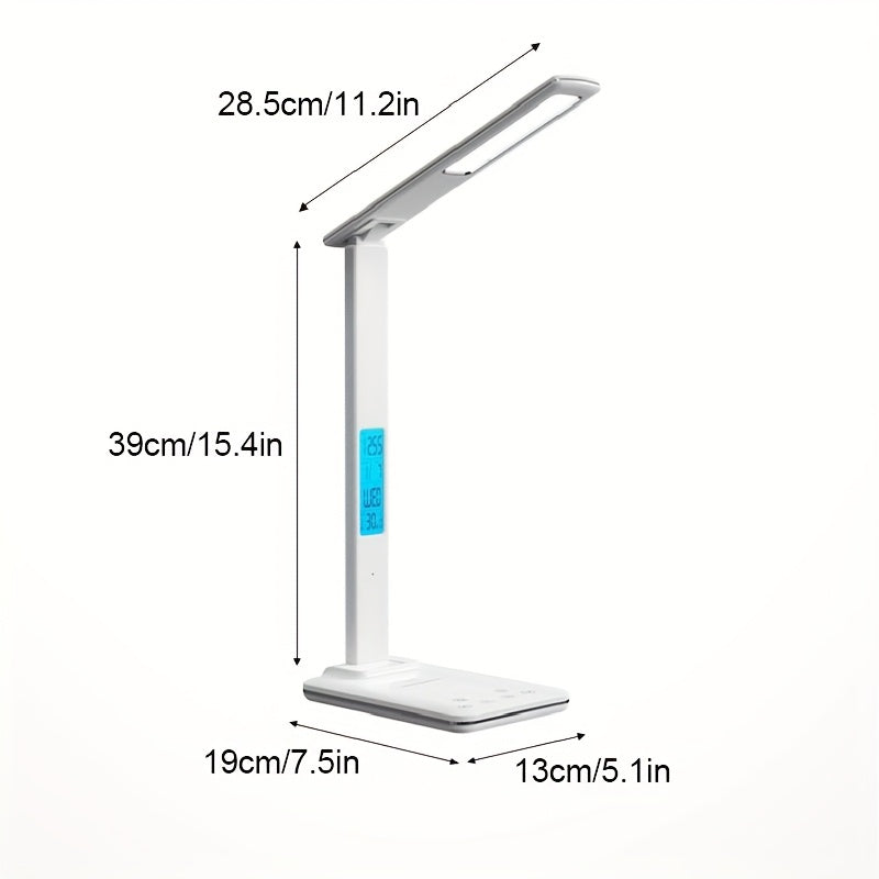 Foldable LED Desk Lamp with Wireless Charger, USB Port, Dimmable Lighting & Clock - Adjustable Temperature for Office, Bedroom, or Bedside Use, Minimalist Design Desk Lamp