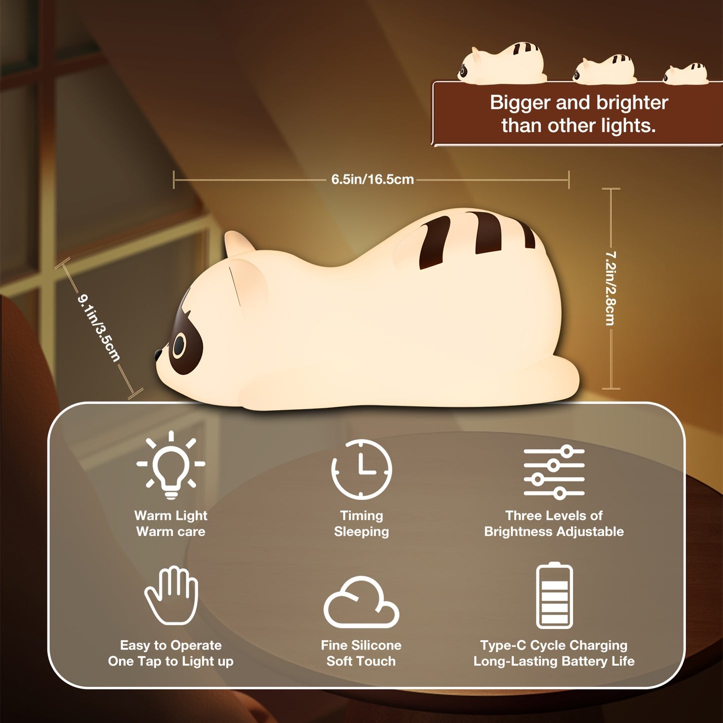 Cute Raccoon LED Night Light | Rechargeable, Dimmable, Touch-Controlled | Durable Plastic | Table Lamp | Bedroom Decor, Home | Adorable Animal Design | Cozy Ambient Lighting