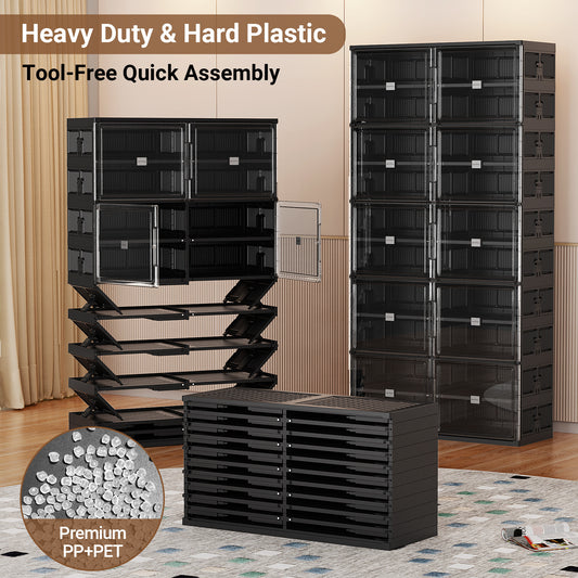 Hard Plastic Shoe Cabinet Insole Storage Organizer for Entryway, Large Stackable Sneaker Shoe Box Organizer for Closet, Portable Folding Shoe Cabinet with Doors, Black